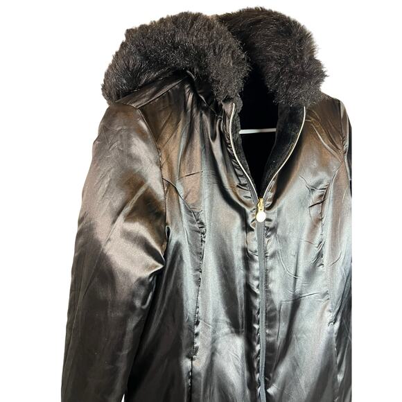 Susan Graver Black Reversible Coat Jacket Faux Fur Satin Hood S Small - Picture 4 of 13